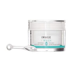 Jar of IMAGE Skincare I Mask purifying probiotic mask with a clear applicator spoon beside it