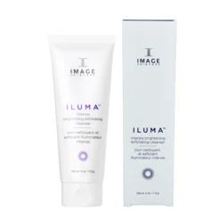ILUMA intense brightening exfoliating cleanser in a white tube with a matching light-blue box (Image Skincare)