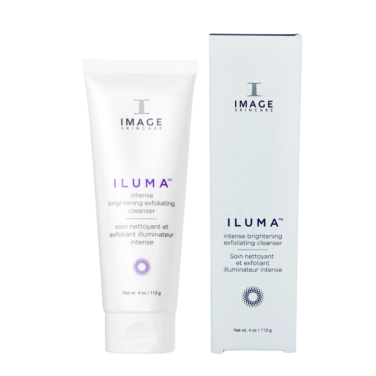 ILUMA intense brightening exfoliating cleanser in a white tube with a matching light-blue box (Image Skincare)