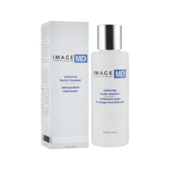 Restoring facial cleanser by Image MD, white bottle with silver cap beside its box on a white background