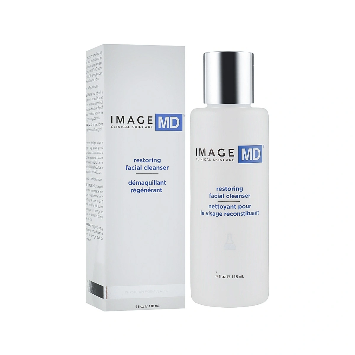 Restoring facial cleanser by Image MD, white bottle with silver cap beside its box on a white background