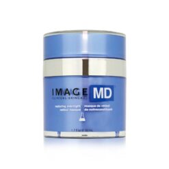 Blue glass jar of IMAGE MD Restoring Overnight Retinol Masque with silver band, 50 ml/1.7 fl oz, branding visible.