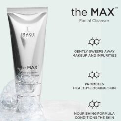 Image Skincare the MAX facial cleanser tube beside benefit bullets: removes makeup and impurities, promotes healthy-looking skin, nourishes the skin.