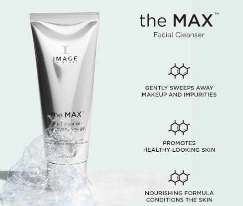 Image Skincare the MAX facial cleanser tube beside benefit bullets: removes makeup and impurities, promotes healthy-looking skin, nourishes the skin.