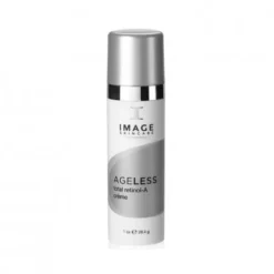 White skincare bottle with silver cap labeled IMAGE Skincare Ageless Total Retinol-A Creme.