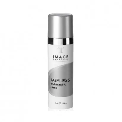 White skincare bottle with silver cap labeled IMAGE Skincare Ageless Total Retinol-A Creme.