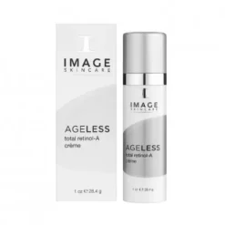 Image Skincare Ageless total retinol-A crème bottle beside its white and silver box, product packaging shown.