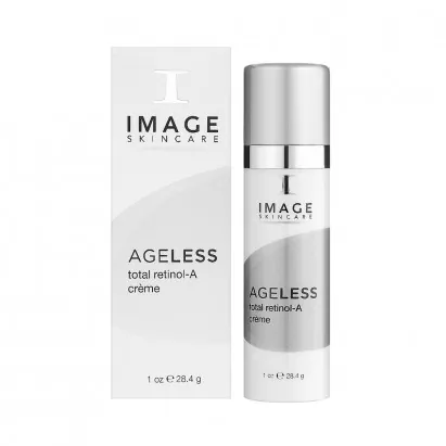 Image Skincare Ageless total retinol-A crème bottle beside its white and silver box, product packaging shown.
