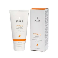 ImageSkincare Vital C hydrating enzyme masque tube beside its box with orange accents on a white background