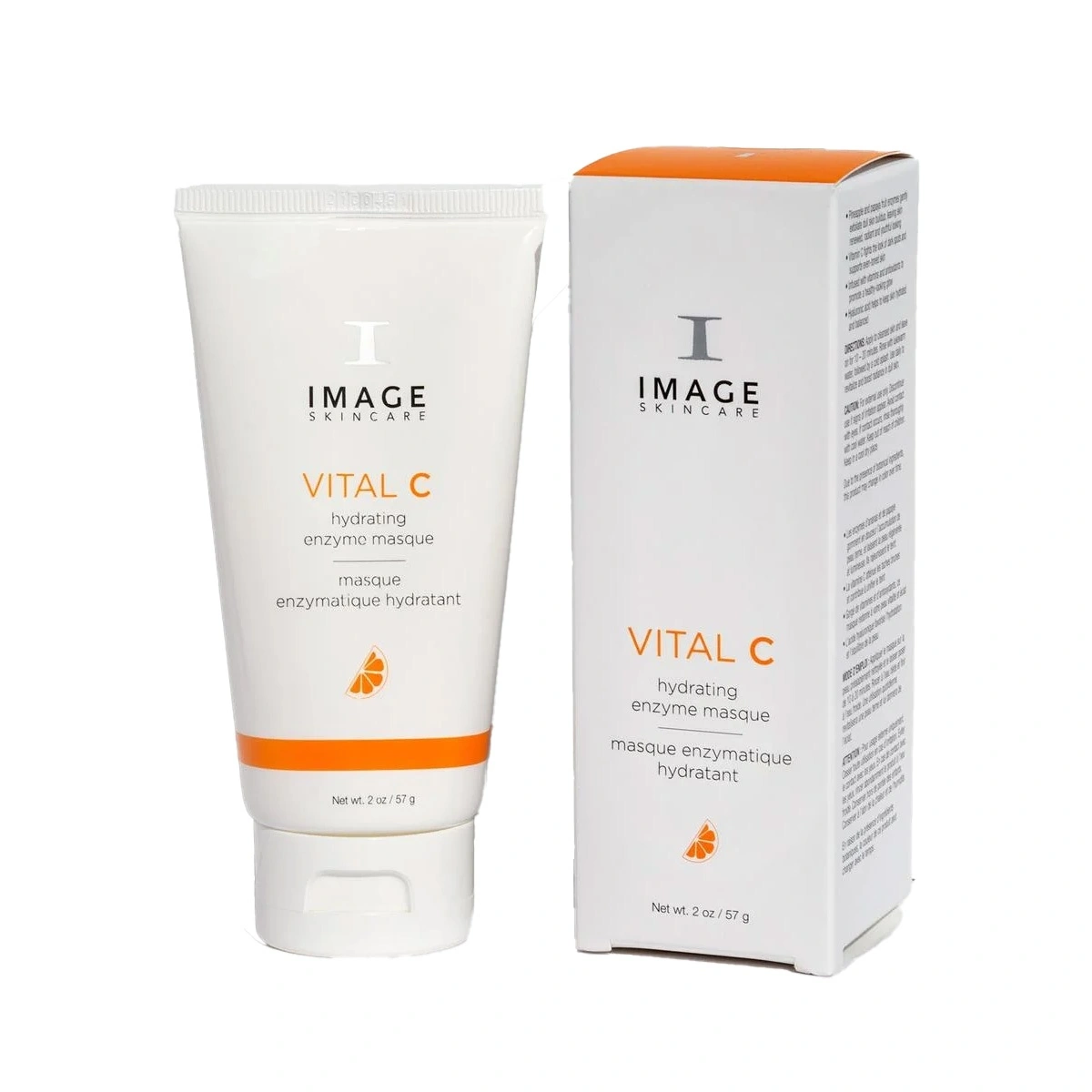 ImageSkincare Vital C hydrating enzyme masque tube beside its box with orange accents on a white background