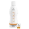 YANA Daily Collagen Shots bottle with orange label and a small amber-shot glass beside it on a white background