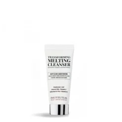 Tube labeled 'Transforming Melting Cleanser' with smaller text about deep clean and moisturizing, standing upright on a reflective surface on a white background (product shot).