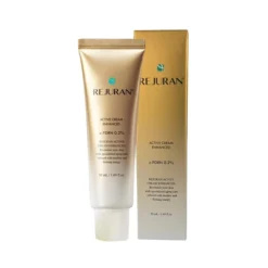 Tube of Rejuran Active Cream Enhanced with matching gold box, teal logo visible beside it.