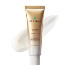 Tube of Rejuran Active Cream Enhanced with a white cream swirl in the background.