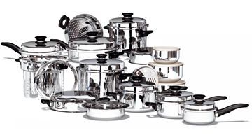 Assorted stainless steel pots and pans with lids arranged together on a white background, varying in size and shape.