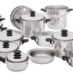 Stainless steel cookware set with multiple pots, pans, glass lids, a steamer, and stacked bowls on a white background