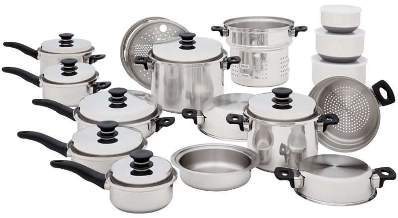 Stainless steel cookware set with multiple pots, pans, glass lids, a steamer, and stacked bowls on a white background