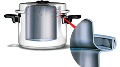 Stainless steel pressure cooker with a highlighted steam vent and detachable vent pipe.