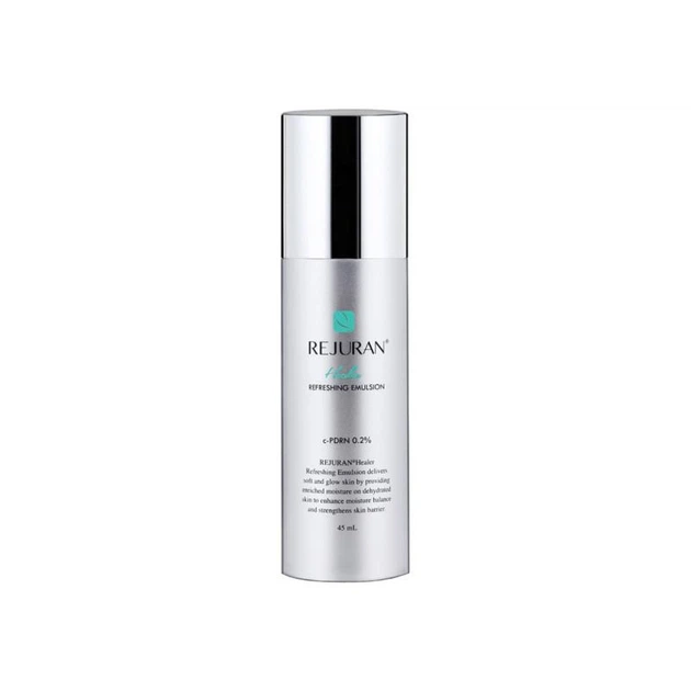 Rejuran Refreshing Emulsion bottle with silver cap, displaying the logo and product name (c-PDRN 0.2%).