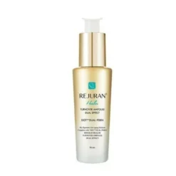 Golden-toned bottle with pump labeled REJURAN Hold, a skin serum bottle for facial treatment