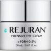 Close-up of a silver cosmetic jar with bold text reading 'REJURAN' and 'INTENSIVE EYE CREAM' visible on the label, 20 mL size indicated.