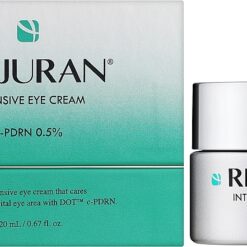 Box and jar of REJURAN Intensive Eye Cream with teal gradient packaging, labeled c-PDRN 0.5% and 20 mL