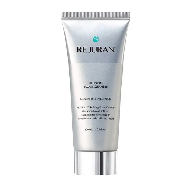 Tube of REJURAN Refining Foam Cleanser with silver packaging on a white background, showing product name and details
