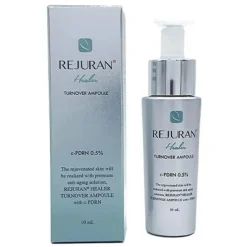 Box and bottle of Rejuran Healer Turnover Ampoule (10 ml) with blue logo on silver packaging.