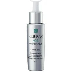Silver pump bottle labeled REJURAN Healer Turnover Ampoule with a teal logo, a 10 mL container for skincare.