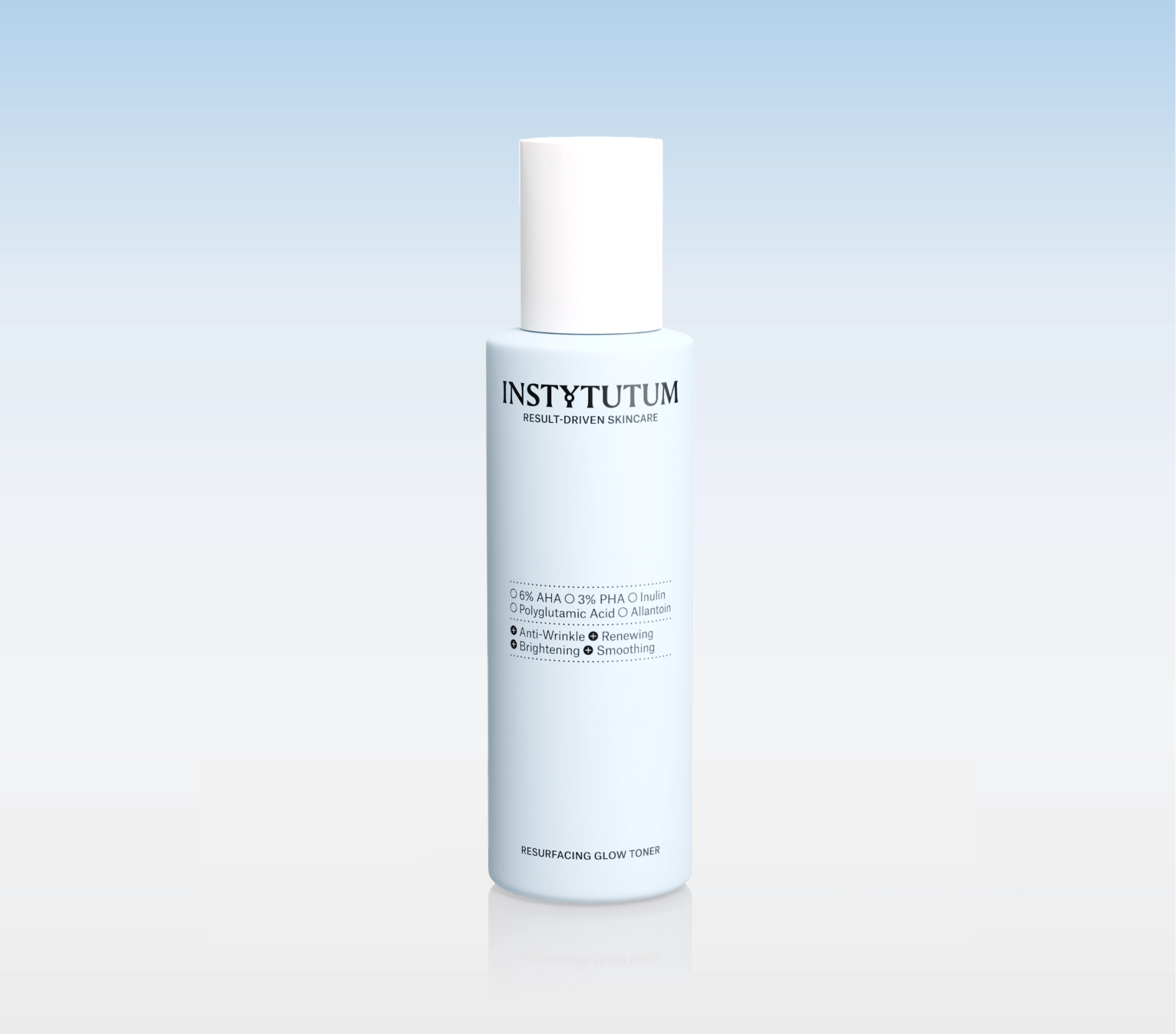 Bottle of Instytutum Resurfacing Glow Toner with a white cap on a pale blue gradient background