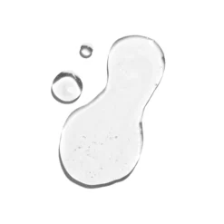 Macro shot of three translucent liquid droplets on a white background: one large irregular drop and two smaller round droplets nearby.