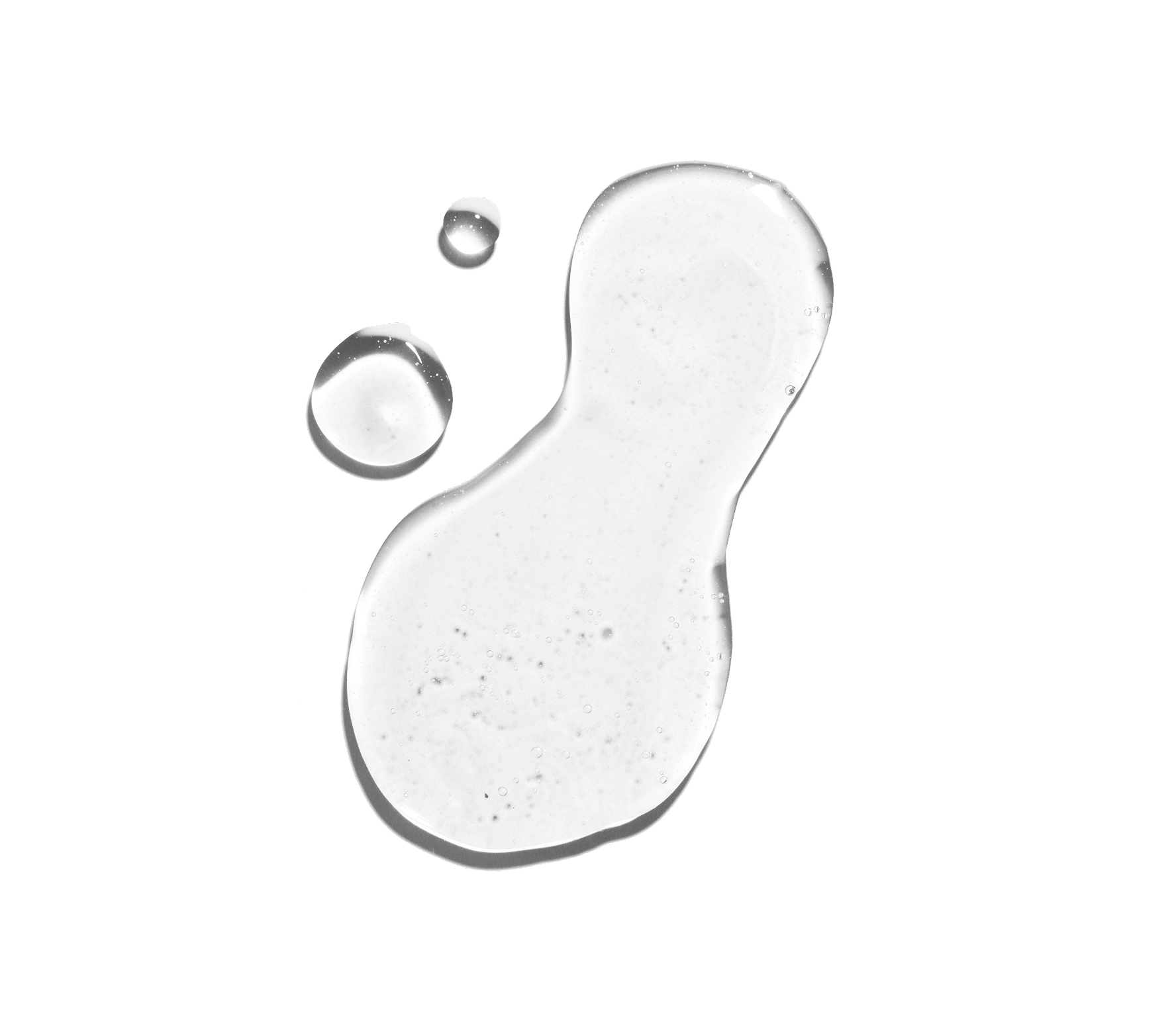 Macro shot of three translucent liquid droplets on a white background: one large irregular drop and two smaller round droplets nearby.