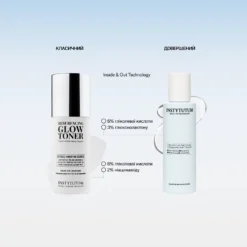 Two skincare bottles on a pale blue gradient background, with 'Inside & Out Technology' between them and labels 'КЛАСИЧНИЙ' and 'ДОВЕРШЕНИЙ' above.