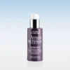 Purple pump bottle of retinol serum on a white surface with a blue gradient background, front label visible and legible.