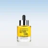 Glass dropper bottle of Instytutum Powerful Retin Oil with yellow liquid and black cap, set against a pale blue gradient background.