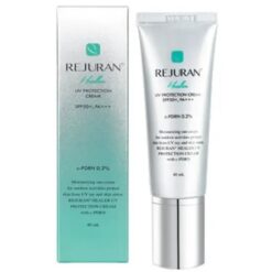 REJURAN UV protection cream box and tube with turquoise gradient packaging.