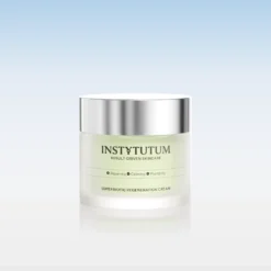 INSTYTUTUM Superbiotic Regeneration Cream jar with a silver cap on a pale blue gradient background.