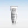 Silver skincare tube labeled 'Triple Action Peel' on a light blue gradient background.