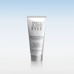 Silver skincare tube labeled 'Triple Action Peel' on a light blue gradient background.