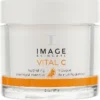 Vitamin C skincare jar labeled 'Vital C' hydrating overnight masque by Image Skincare, 2 oz/57 g, with orange slice icon on white container and orange band at bottom