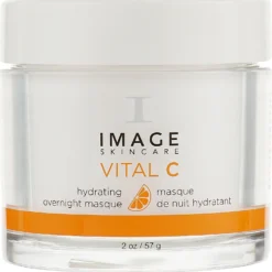 Vitamin C skincare jar labeled 'Vital C' hydrating overnight masque by Image Skincare, 2 oz/57 g, with orange slice icon on white container and orange band at bottom